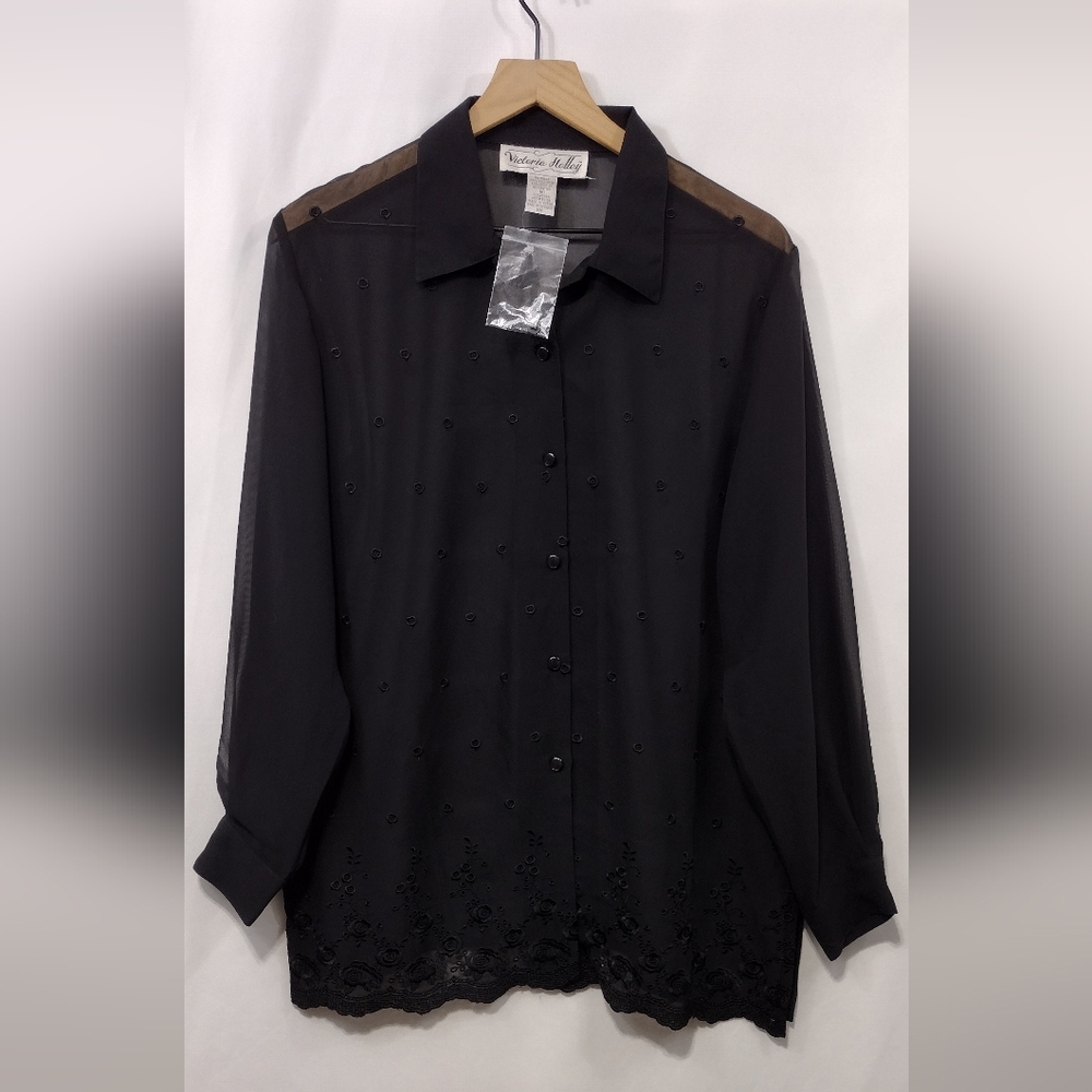 NWOT Vintage Victoria Holley Embroidered Floral Sheer Button-Up Blouse Women's M